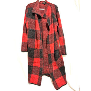 Joseph A Cardigan Shacket Womens sz L knit Boho Career long Red black Cozy patch